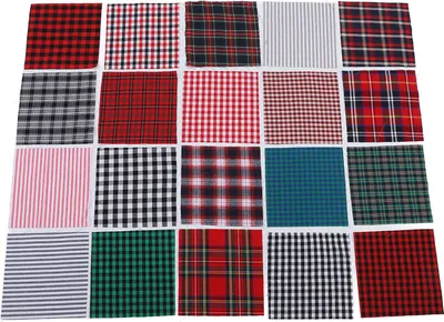 Productafbeelding van 20 stukken geruite stof, 25x25 cm, in diverse kleuren, met klassieke patronen, zacht en ademend, geschikt voor doe-het-zelf projecten en naaien