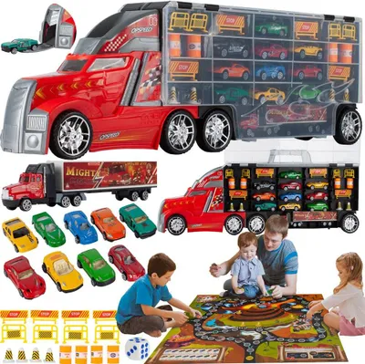Image de Malplay Jouets Voitures Set Avec 10 Voitures En Métal Et Grand Camion Camion Remorqueur Avec Lanceur De Voiture+ Tapis De Route Pour Jouer Pour Les Enfants De 3 Ans Et Plus
