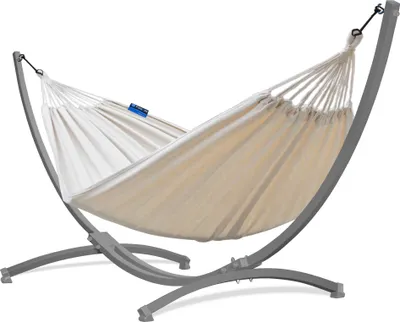 Produktbild von Potenza Outdoor Hängematte mit Verzinkter Gestell für 2 Personen I Baumwolle Doppelhängematte XXL 220x160, 200kg I Grau Hängemattengestell 220kg, wetterfest