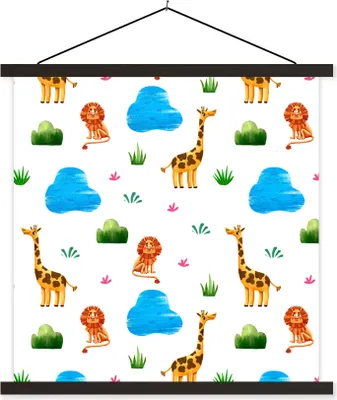 Produktbild von MuchoWow® Textilposter Giraffe - Löwe - Dschungel - Design 60x60 cm mit schwarzem Rahmen - Posteraufhänger