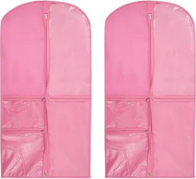 Two pink garment bags are shown side-by-side against a white background.