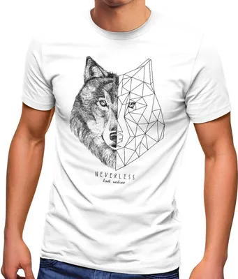 Produktbild von Herren T-Shirt Wolf Polygon Kunst Grafik Tiermotiv Printshirt Fashion Streetstyle Neverless® weiß L