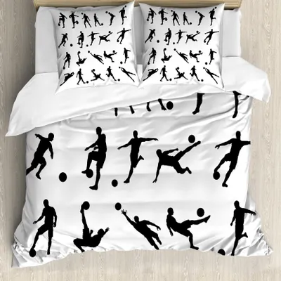 Produktbild von ABAKUHAUS Fußball Bettbezug, Fußball-Schattenbilder, Milbensicher Allergiker geeignet mit Kissenbezügen, 155 cm x 220 cm - 80 x 80 cm, Schwarz-Weiss