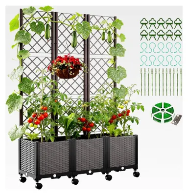 Produktbild von Hochbeet mit Rankgitter und Rollen, 3 Stück Gartenplanter mit Sichtschutz und Selbstbewässerung für Kletterpflanzen