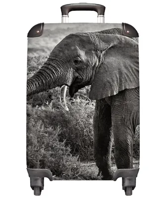 Produktbild von MuchoWow® Koffer Handgepäck Trolley Rollkoffer Kleine Reisekoffer mit 4 Rollen - Elefant - Tiere - Bäume - Schwarz - Weiß - Cabin Size < 55x40x23 cm & 55x40x20 cm - Fotokoffer - Kabinenkoffer - Boardgepäck - Reise-Box - Reisekoffer - Reisegepäck - Koffer mit Bild - Trolley für Kinder