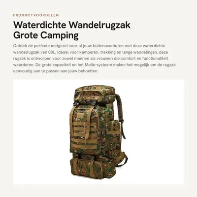 Produktbild von Wanderrucksack 80L – Große Kapazität – Wasserdichter Rucksack – Leichter Trekkingrucksack – MOLLE-System – Verstellbarer Hüftgurt – Bequemer Tagesrucksack – Campingrucksack