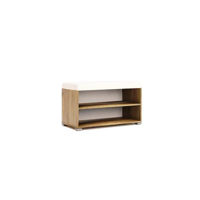 A shoe cabinet with a white seat cushion and two open shelves, made of wood-look material.