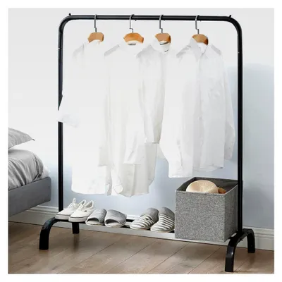 Produktbild von Metall-Kleiderständer mit Kleiderstange und Ablage, Kleiderstangen für Schlafzimmer, Hängestangen für Kleidung in Schwarz