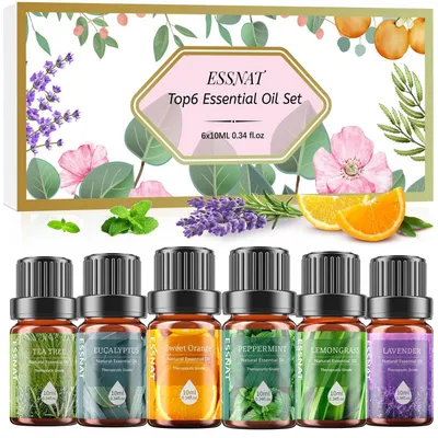 Zdjęcie produktu dla Zestaw olejków eterycznych, 6 x 10 ml. Olejki zapachowe do aromaterapii, przeznaczone do dyfuzorów, do użytku domowego, do tworzenia własnych kompozycji, do SPA i świec