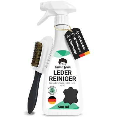 Produktbild von Emma Grün® Lederreiniger 500ml – Für Sofa, Autositz & Schuhe – Wildlederpflege mit Bürste