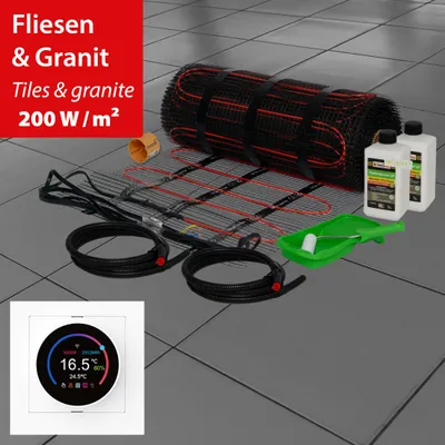 Produktbild von Elektrische Fußbodenheizung Dünnbettheizmatte 200Watt Komplett Set Thermostat Fliesen 15,0m²