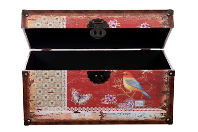 Produktbild von Truhe Kiste KD1515 Dekotruhe Vogel Holztruhe mit Kunstleder bezogen Schatzkiste, Größe:Größe XL 49cm x 28cm x 25cm - Vogel Rot