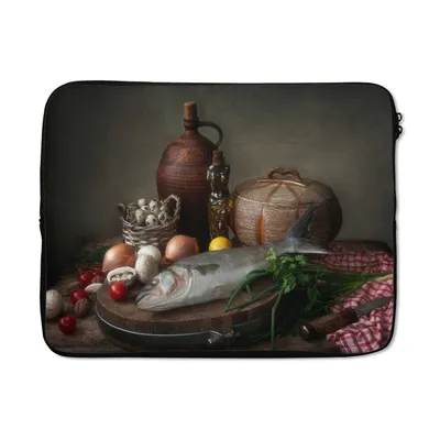 Produktbild von MuchoWow® Laptop Hülle 15 Zoll Rustikal - Fisch - Stilleben - Gemüse - Kräuter Laptoptasche - Laptoptasche - Sleeve - Rundum-Schutz
