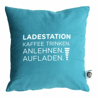 Produktbild von Nescafé Dolce Gusto Kissen Schriftzug Ladestation Kaffee Trinken Anlehnen Aufladen, Polyester, Türkis, ca. 40 x 40 cm