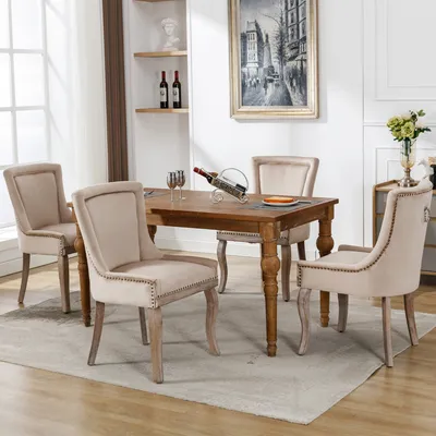 Immagine prodotto di okwish, set di 4 sedie da pranzo sedie da cucina, sedie per il soggiorno, poltrone, sedie multifunzionali con decorazioni a chiodini, gambe in legno massello, rivestimento in velluto, colore beige