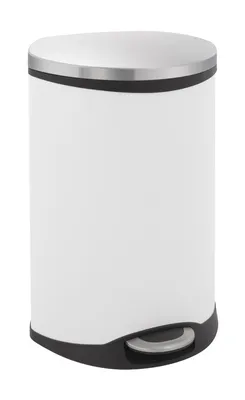 A white and silver pedal bin with a black base.