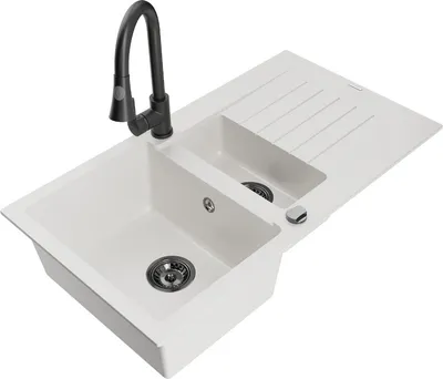 Produktbild von Mexen Matias 1,5-Becken-Granitspüle mit Abtropffläche und Mischbatterie Elia, Weiß - 6502-20-670101-70