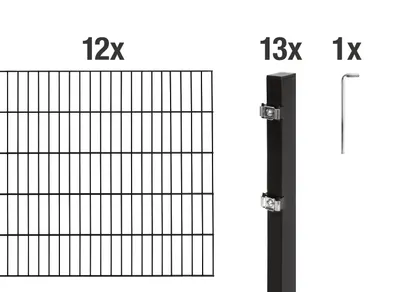 Image de Clôture à double barre Alberts 628277, kit complet de 26 éléments, noir mat, hauteur 140 cm, longueur 24 m