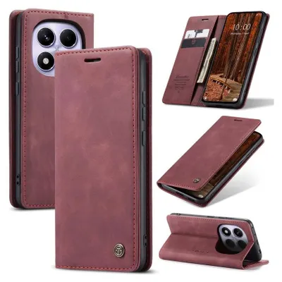 Collage of a phone case in karmesinrot color, showing different angles and features.