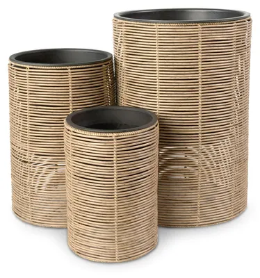 Produktbild von di volio Pflanzkübel Set VITARBO – 3 hohe Blumentöpfe aus Polyrattan mit Kunststoffeinsatz, wetterfeste Rattan Blumenkübel für Außen (Beige)