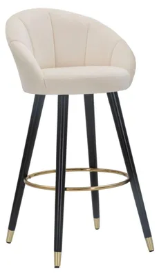 Image de Tabouret De Bar Prague En Velours Crème Et Bois - 55 X 56 X 104 Cm - Pieds Ornés De Détails Dorés Et Repose-Pieds Circulaire, Style Glamour Élégant