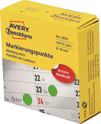 Obrázok produktu pre Avery Zweckform® 3855 3853 Označovacie bodky - Ø 19 mm, zásobník s 250 etiketami, zelená