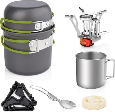 Produktbild von Camping-Kochgeschirr-Set mit klappbarem Campingkocher, leichtem Topf-Pfannen-Set mit Edelstahlbecher und Gabel, Loeffel zum Kochen im Freien, Camping, Wandern, Picknick, Rucksackreisen