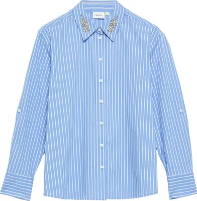 Produktbild von Comma Bluse, Baumwoll-Popeline, Blau, Größe 38, mit Stickereidetail am Kragen
