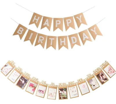 Productafbeelding van Happy Birthday-slingers van kraftpapier, fotobanner voor het eerste verjaardag