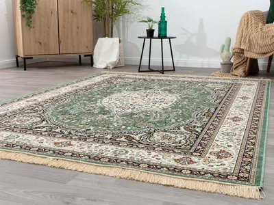 Produktbild von Steffensmeier Kurzflor Teppich Riad | Wohnzimmer | Orient | Pflegeleicht | Kirman Grün, Größe:  67x210 cm