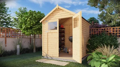 A wooden garden shed with its doors open, situated in a backyard setting with grass, trees, and a fence.
