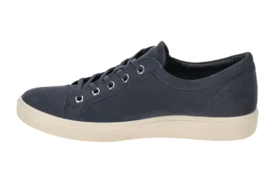 A side view of a blue sneaker with a beige sole against a white background.