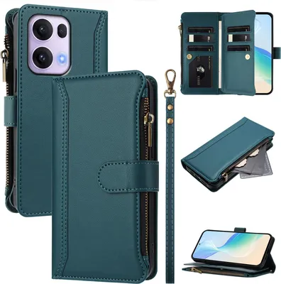 Image de Etui pour Oppo Reno13 Pro, zippé, étui portefeuille en cuirPolyuréthaneavec pochettes pour cartes, support et dragonne vert