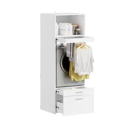 Produktbild von SoBuy Waschmaschinenschrank mit ausziehbarer Kleiderstange, Waschmaschinenregal mit Schublade, schmaler Überbauschrank für Waschküche, Weiß, BZR230-W