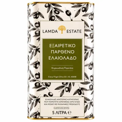 Zdjęcie produktu dla Lamda Estate | Grecka oliwa z oliwek 5 litrów, tłoczona na zimno, extra virgin | Peloponez 5 l z oliwek odmiany Koroneiki, z najświeższego zbioru