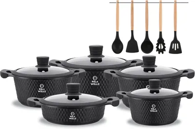 Produktbild von Pela Welle® Topfset Induktion [15-teilig Keramik] inkl. Küchenhelfer, antihaftbeschichtete Töpfe Induktion | Topfset schwarz | Kochtopf Set