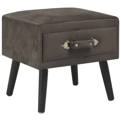 A grey velvet nightstand with a single drawer and black legs, shown against a white background.