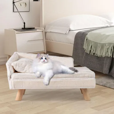 Image de COSTWAY Canapé pour chats de luxe, Lit pour chats surélevé, Canapé pour chats avec 2 coussins amovibles, dossier & pieds en bois, Fauteuil pour chats Canapé pour animaux domestiques Souple, Blanc