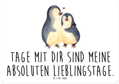 Produktbild von Mr. & Mrs. Panda Blechschild Pinguin umarmen DIN A4 - Weiß - Geschenk, Wandbild, tafel, Türschild, Magnetschild, Hochzeit, Liebe, Hochzeitsgeschenk, Schild