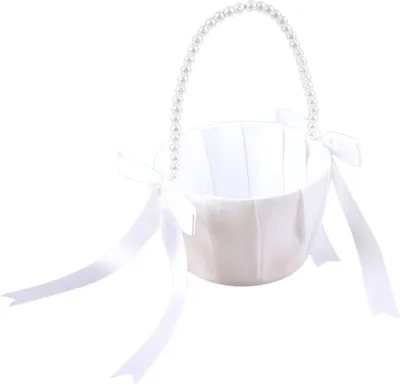 Produktbild von Hochzeitskorb für Blumenmädchen, Satinschleife, weißer Korb mit Kunstperlengriff, Handkorb für die Zeremonie, Partydekoration