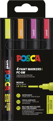 Produktbild von POSCA PC-5M Fluoreszierendes x4, Orange, Pink, Rot, Gelb, Mehrfarbig, 4 Farben, Medium, Tinte auf Wasserbasis, Rundspitze