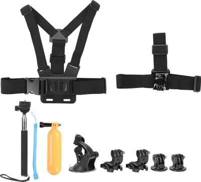 Image de kit de cam?ra d'action 6 en 1 (perche ? selfie + adaptateur sur pied + vis longue), kit d'accessoires pour cam?ra d'action avec sangle de poitrine et crochet en forme de J pour cam?ra de sport