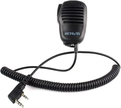 A black Retevis microphone with a coiled cord and a dual-pin connector is shown against a white background.