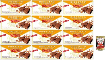 Produktbild von Novi Tavoletta al Latte con Biscotto e Caramello, Milchschokoladen -Riegelmit Keks und Karamell, chocolate bar 12x 100g + Italian Gourmet polpa 400g