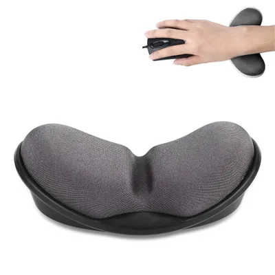 A hand using a computer mouse with a wrist rest, and a separate image of the wrist rest.