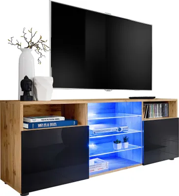 Produktbild von Komodee | TV-Schrank mit 3 Glasböden und 2 Türen Urbino, Korpus Wotan Matt Frontfarbe Schwarz Hochglanz