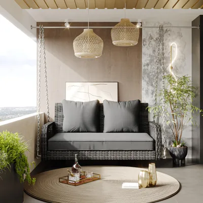 Produktbild von Hollywoodschaukel 2-Sitzer Polyrattan – Wetterfest & Ergonomisch – 113x54x53cm Gartenschaukel inkl. 11cm Sitzkissen & Metallketten – Belastbar bis 320kg