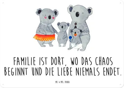 Produktbild von Mr. & Mrs. Panda Schild Koala Familie DIN A4 - Weiß - Geschenk, Mama, Kinder, Türschild, Muttertag, Blechschild, Wandbild, tafel, Koalas, Geschwister, Family, Metallbild