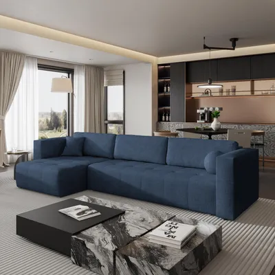 Produktbild von Masseno Ecksofa OLVERA mit Schlaffunktion L-Form, Sofa mit Bettkasten, Wohnzimmersofa, Couch, Soffa, Bettsofa, Couchgarnitur- Blau, NEVE 77