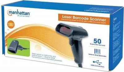 Produktbild von Manhattan Laser-Barcodescanner, 300 mm Scanreichweite, USB, Gehäusevariante "Standard", Tragbares Barcodelesegerät, 1D/2D, Laser, Codabar, Code 11, Code 128, Code 32, Code 39, Code 93, EAN-13, GS1 DataBar Expanded, GS1 DataBar..., GS1 DataBar Expanded Stacked, GS1 DataBar Stacked Omnidirektional, 30 cm